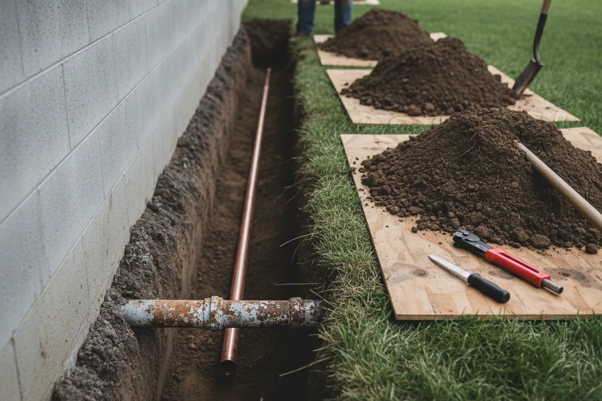 Excavated water line trench during Water Softener Installation in Piedmont